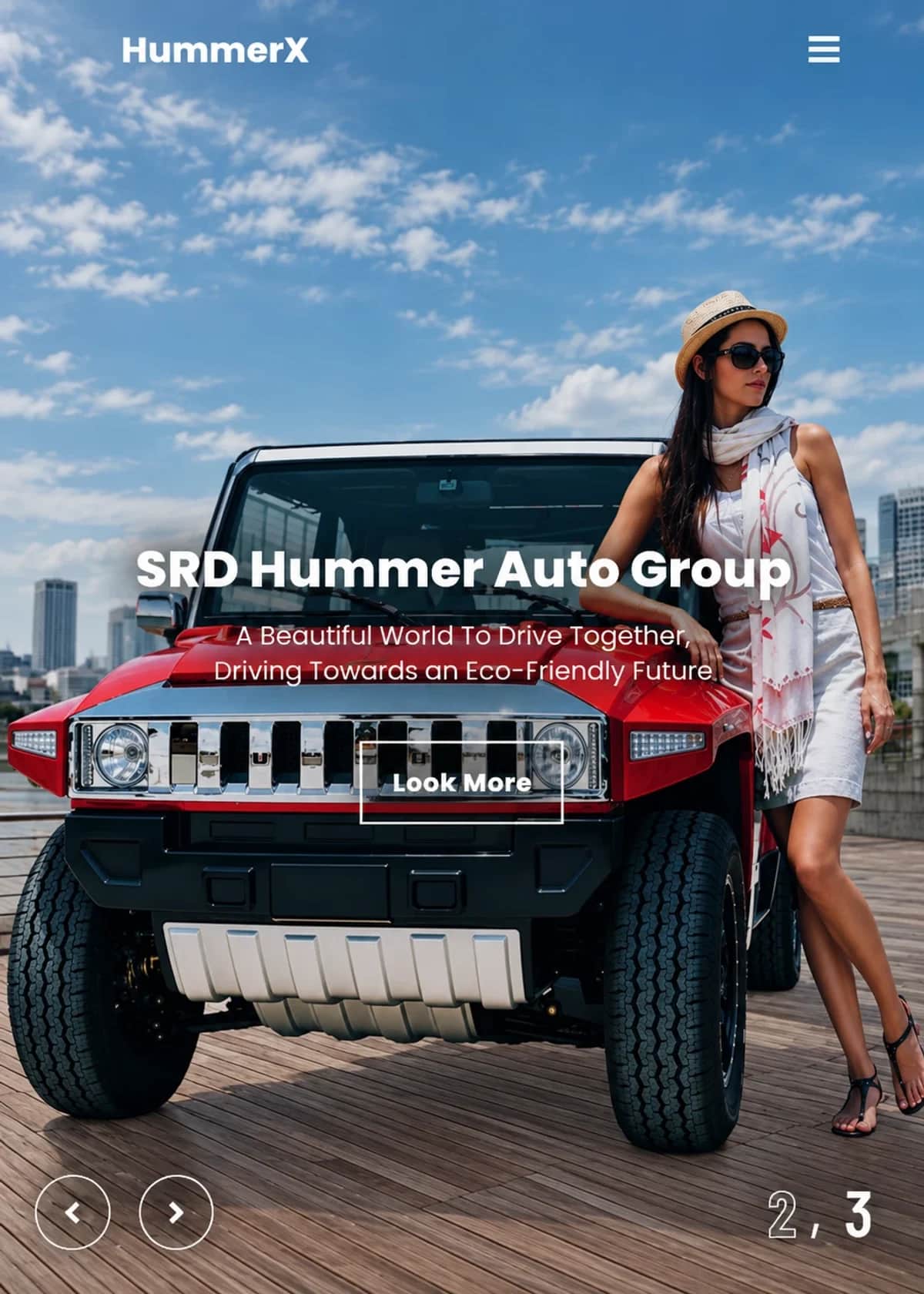 The HummerX homepage: a woman leaning on a red HummerX on a boardwalk under a blue sky, with SRD Hummer Auto Group and a Look More button