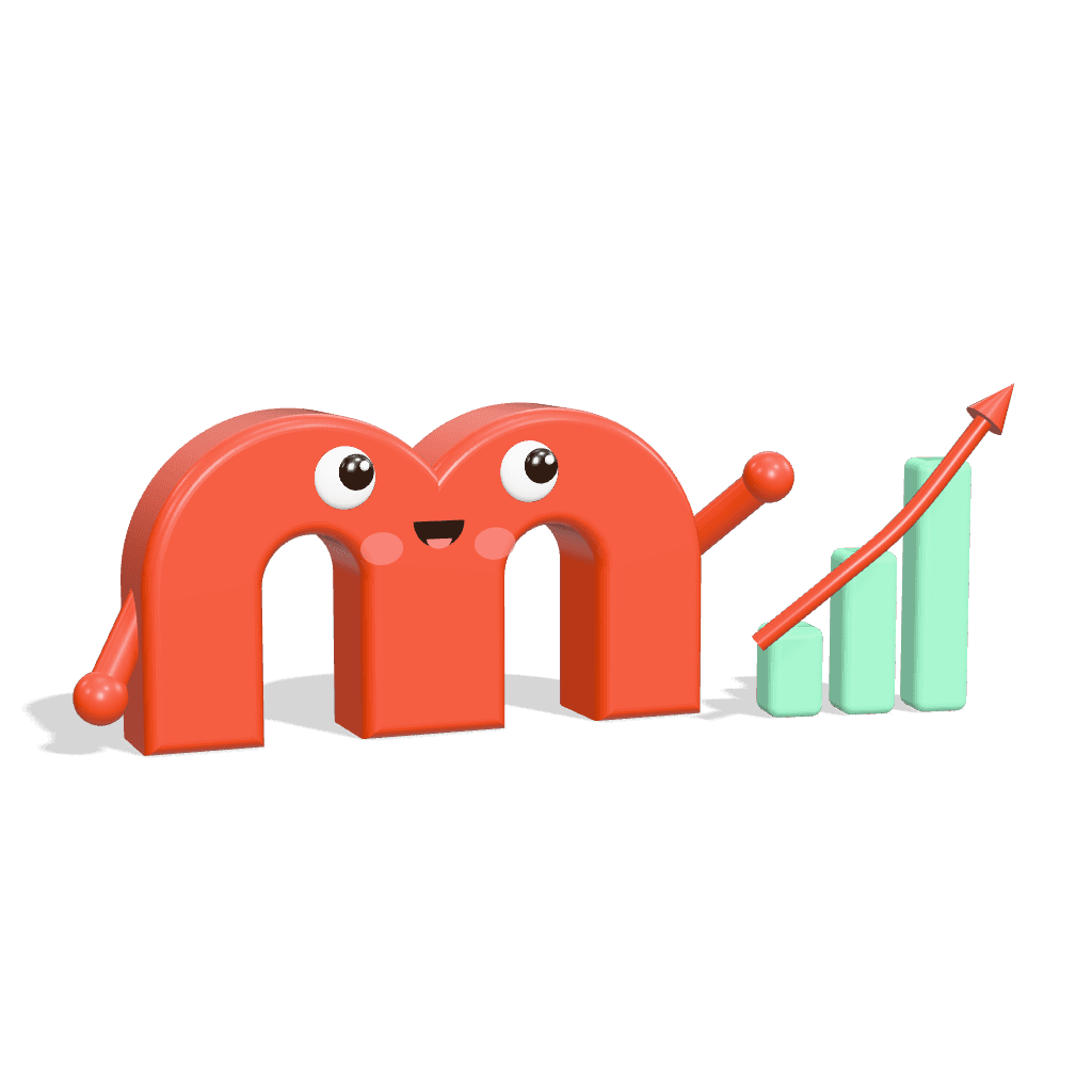 The coral M mascot pointing at a rising bar chart