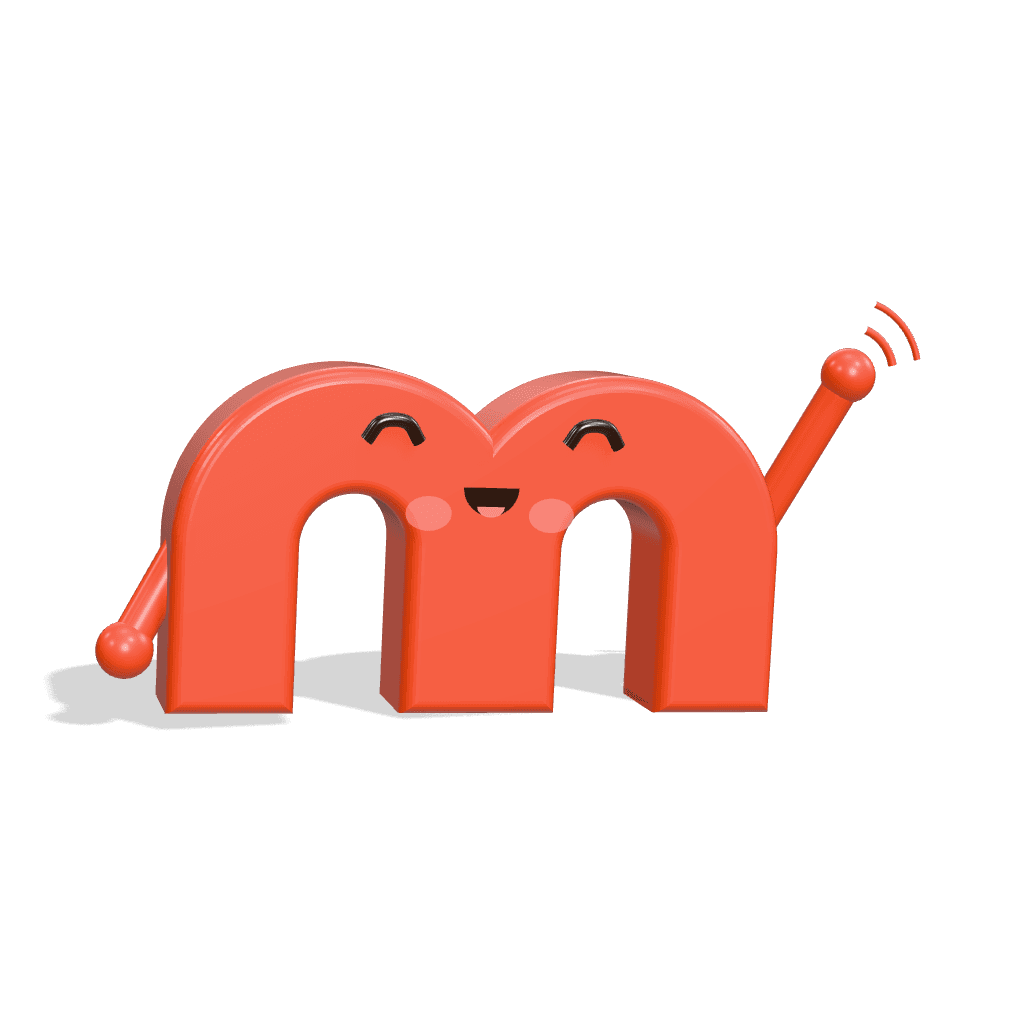 The coral M mascot waving hello with a big smile