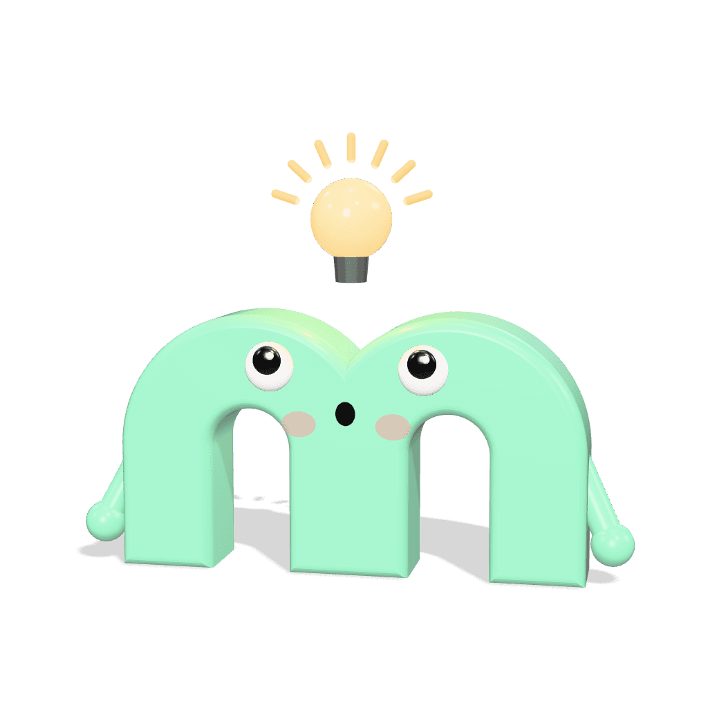 The mint M mascot looking up at a glowing lightbulb