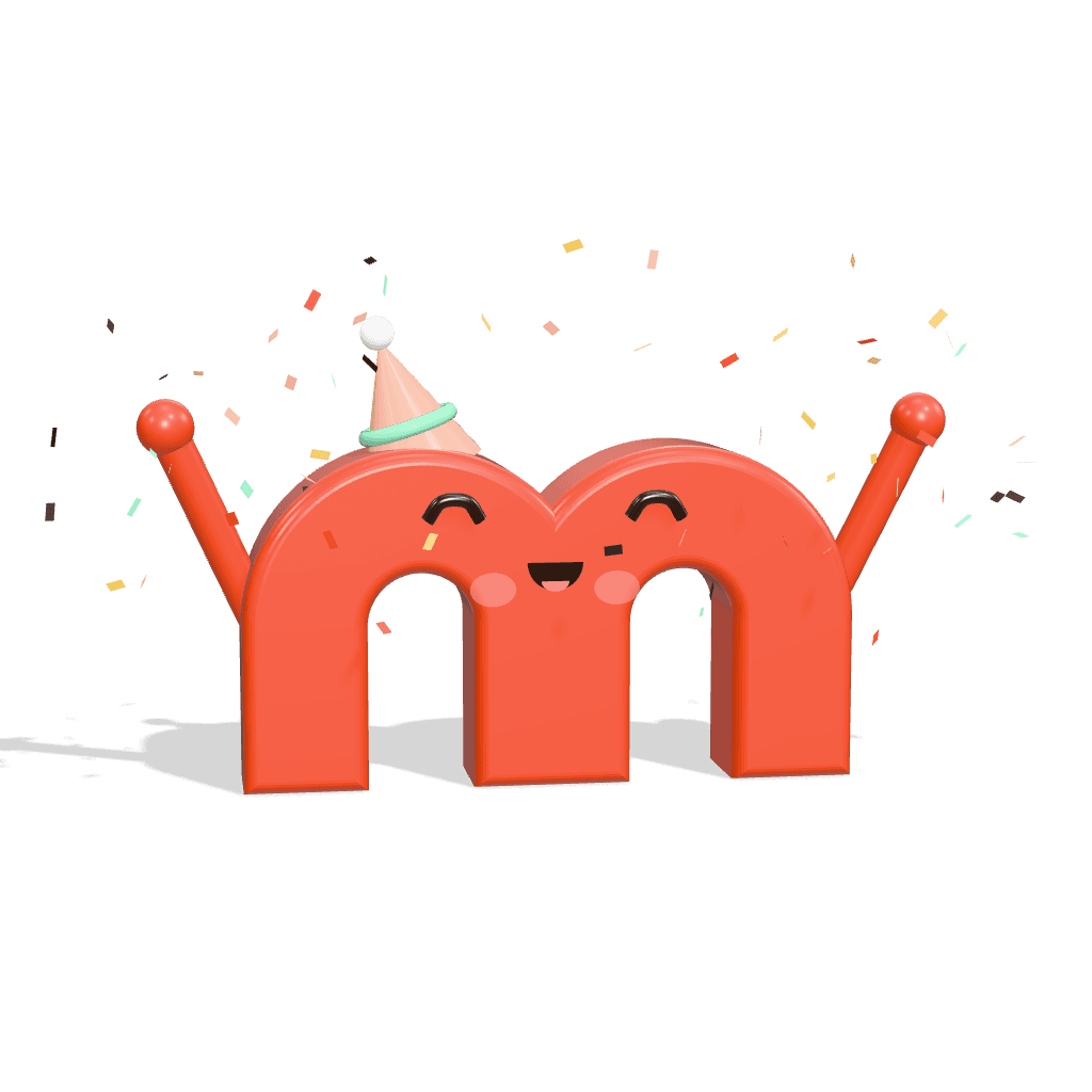 The coral M mascot celebrating in a party hat with confetti