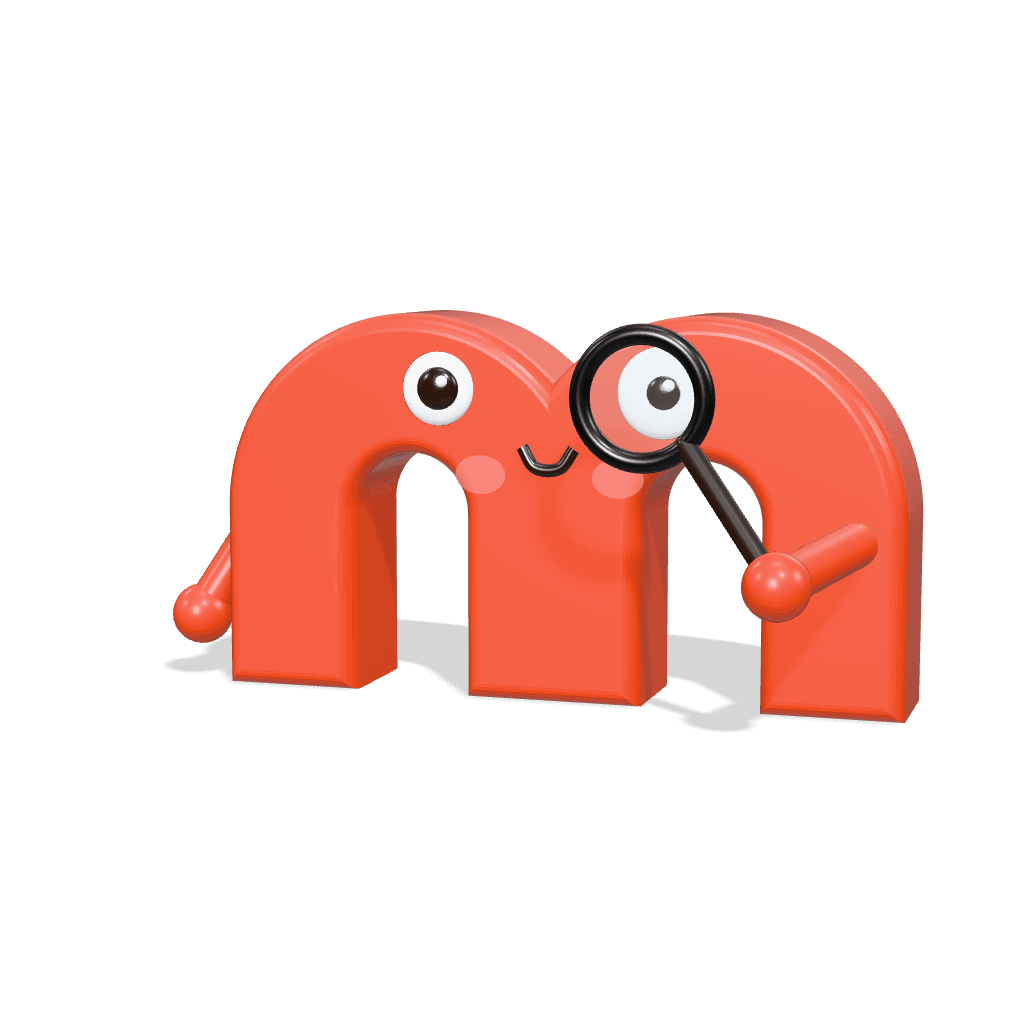 The coral M mascot peering through a magnifying glass