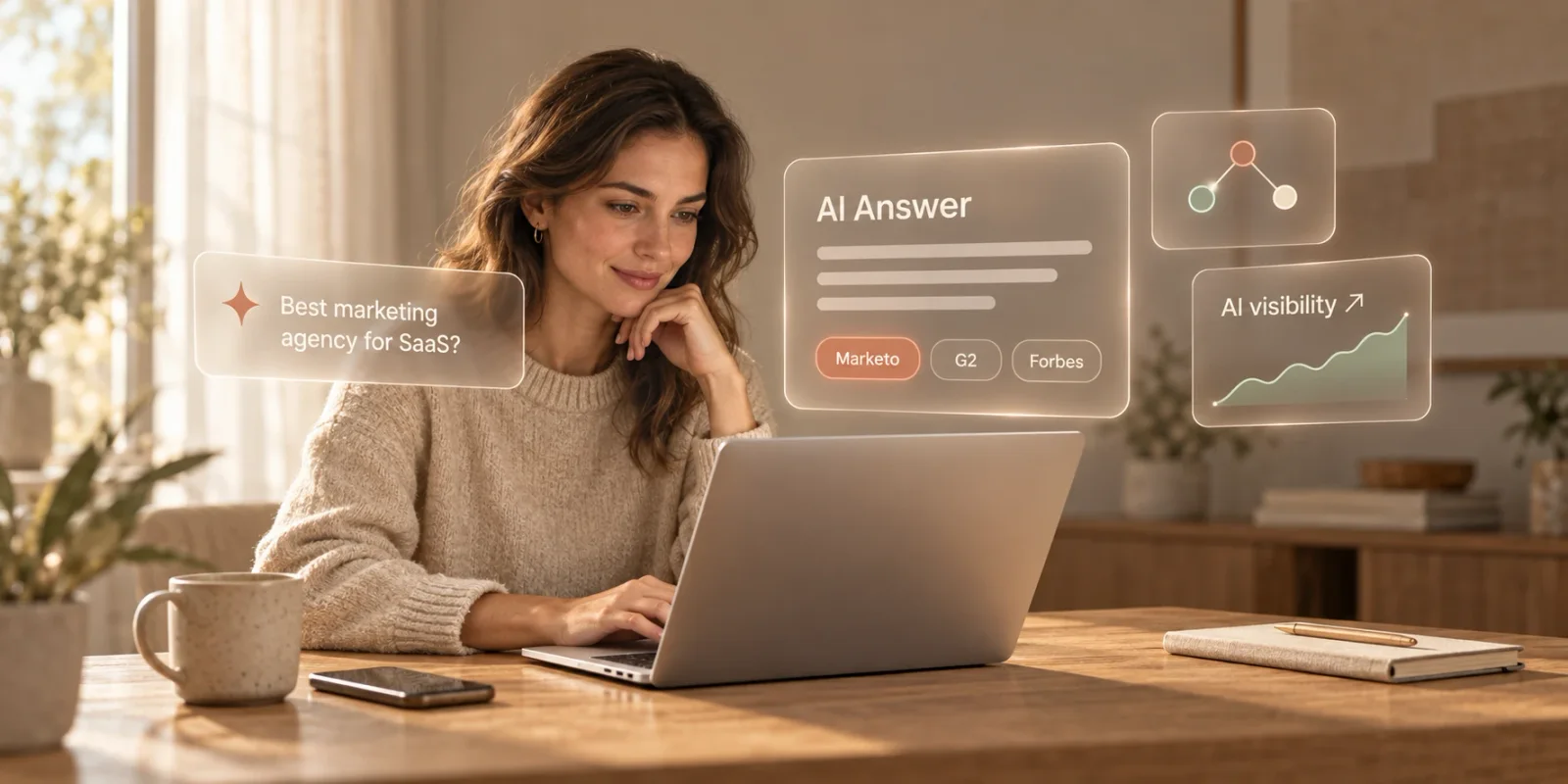 A strategist at a laptop asking an AI assistant for the best SaaS marketing agency, with Marketo cited in the answer