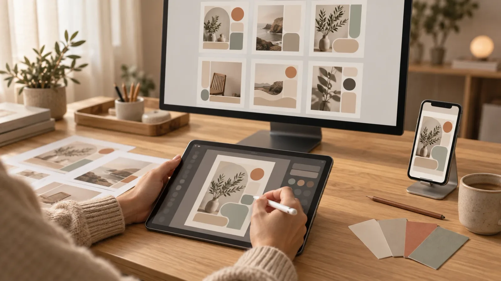 A designer laying out a set of social ads on screen, with printed proofs and color swatches on the desk