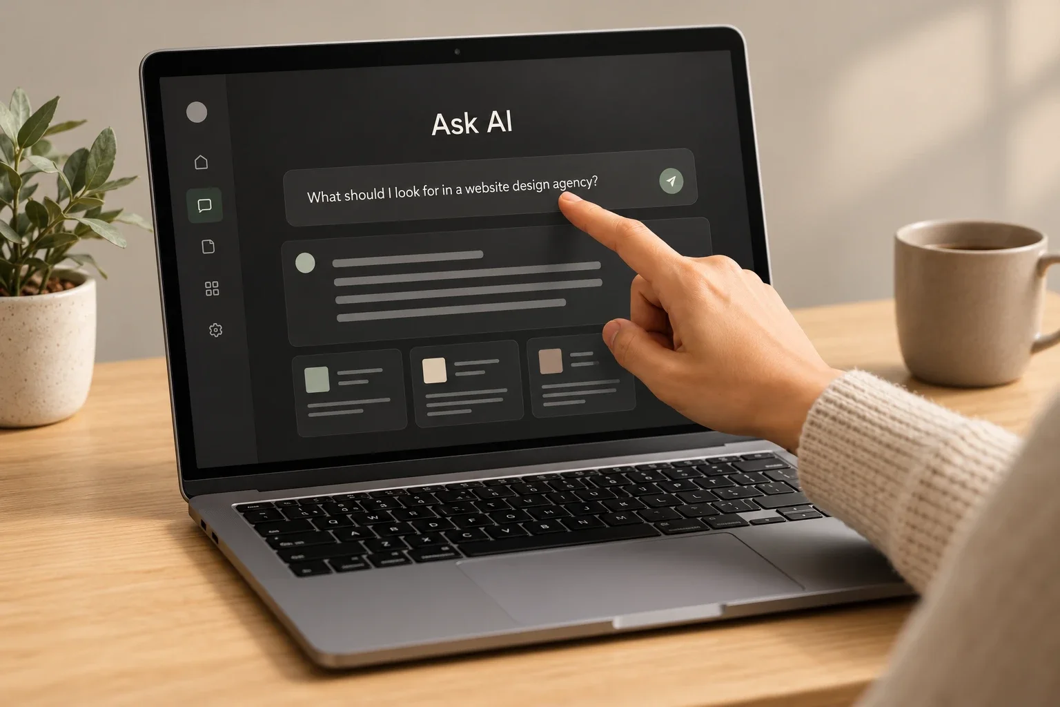 A hand pointing at an AI assistant on a laptop, asked what to look for in a website design agency