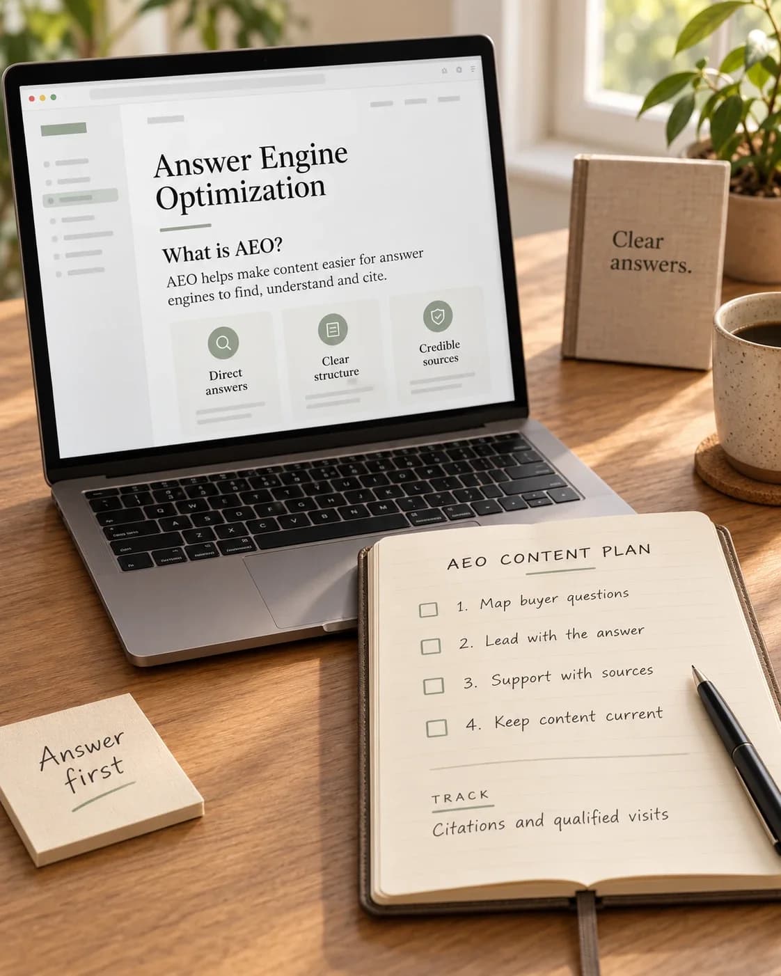 An AEO content plan in a notebook beside a laptop page explaining answer engine optimization