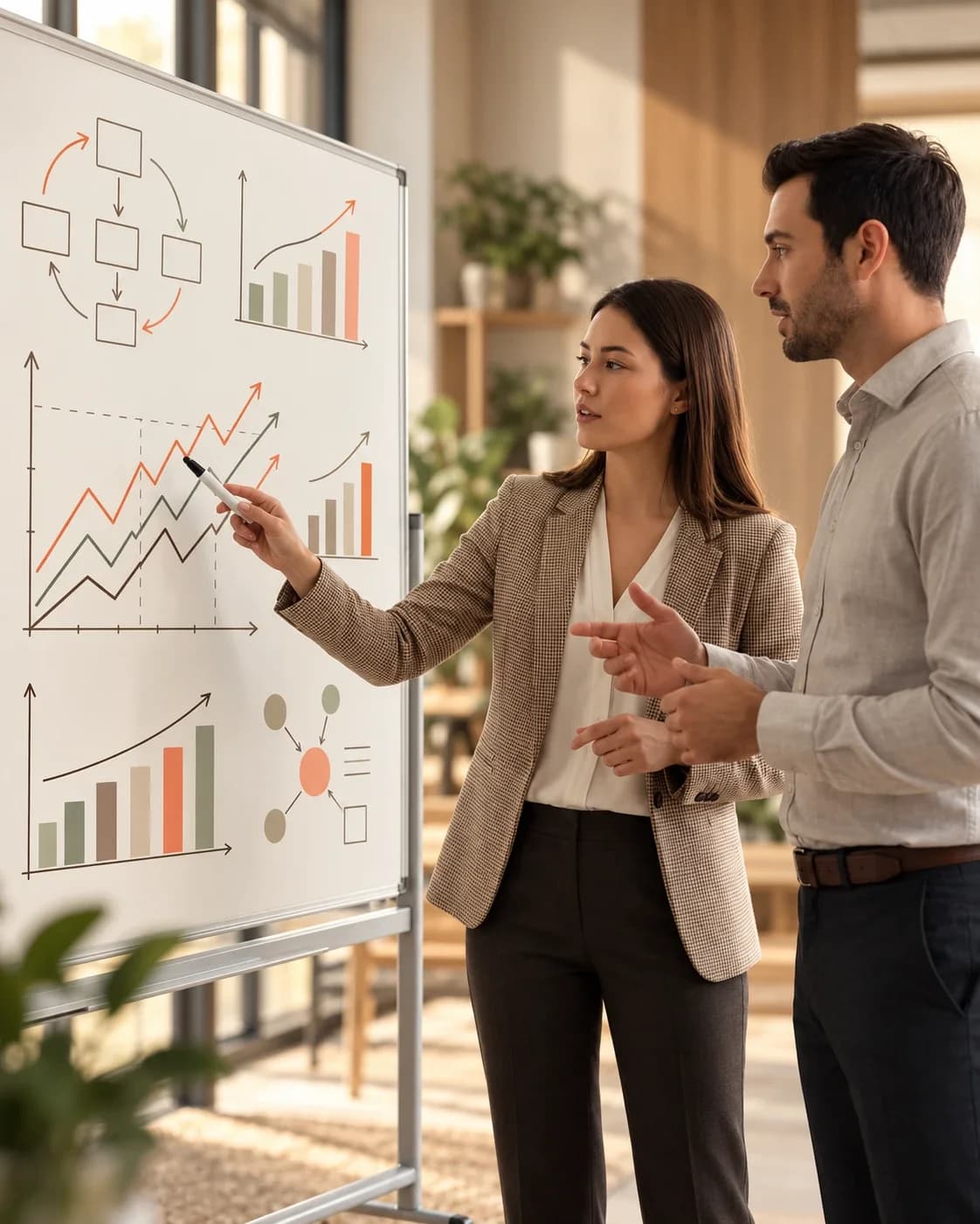 Two strategists planning growth charts on a whiteboard