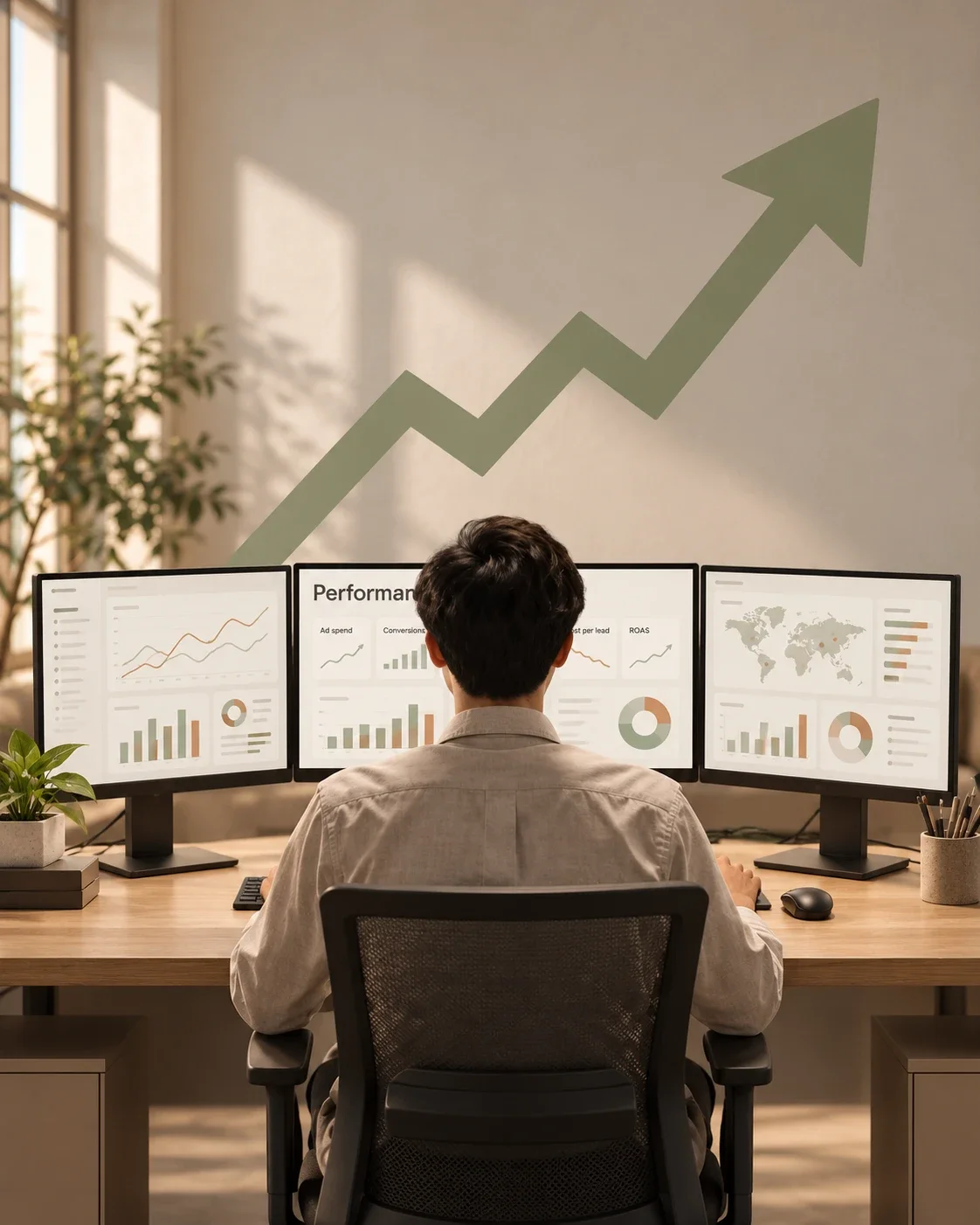 A marketer at three monitors of performance dashboards under a rising growth arrow