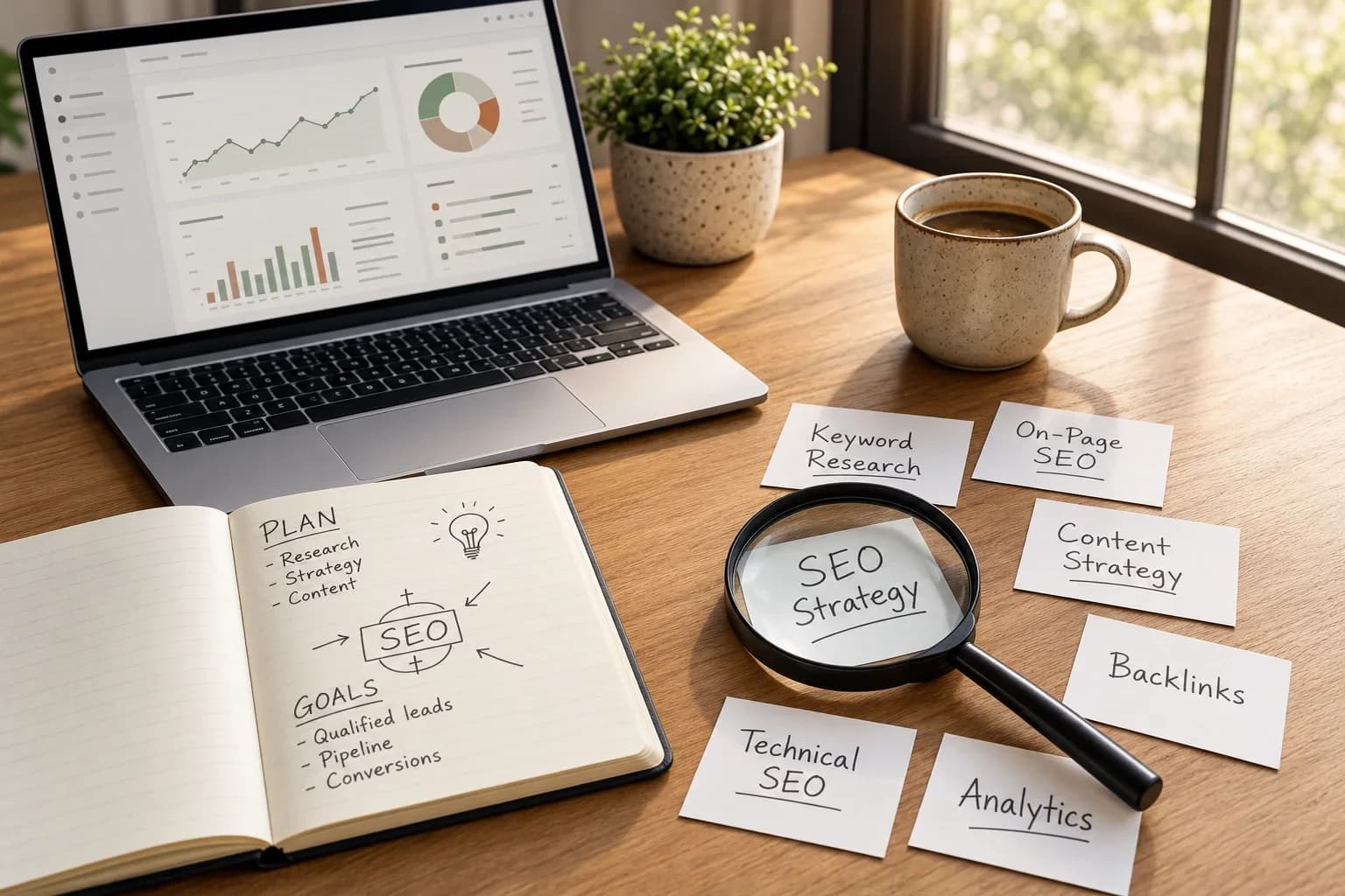 An SEO plan on a desk: keyword research, on-page, technical SEO, backlinks and analytics cards around a magnifier