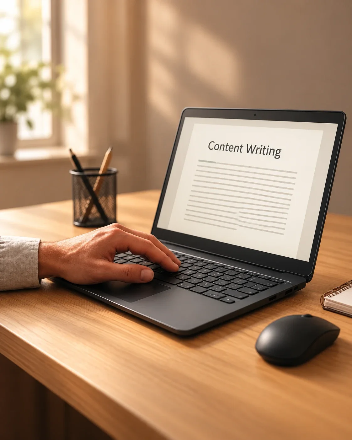 A writer drafting an article on a laptop at a sunlit oak desk
