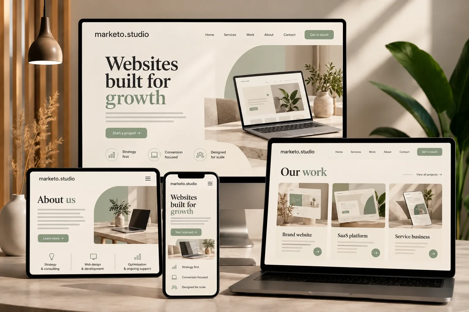 A Marketo website design shown across a desktop monitor, laptop, tablet and phone