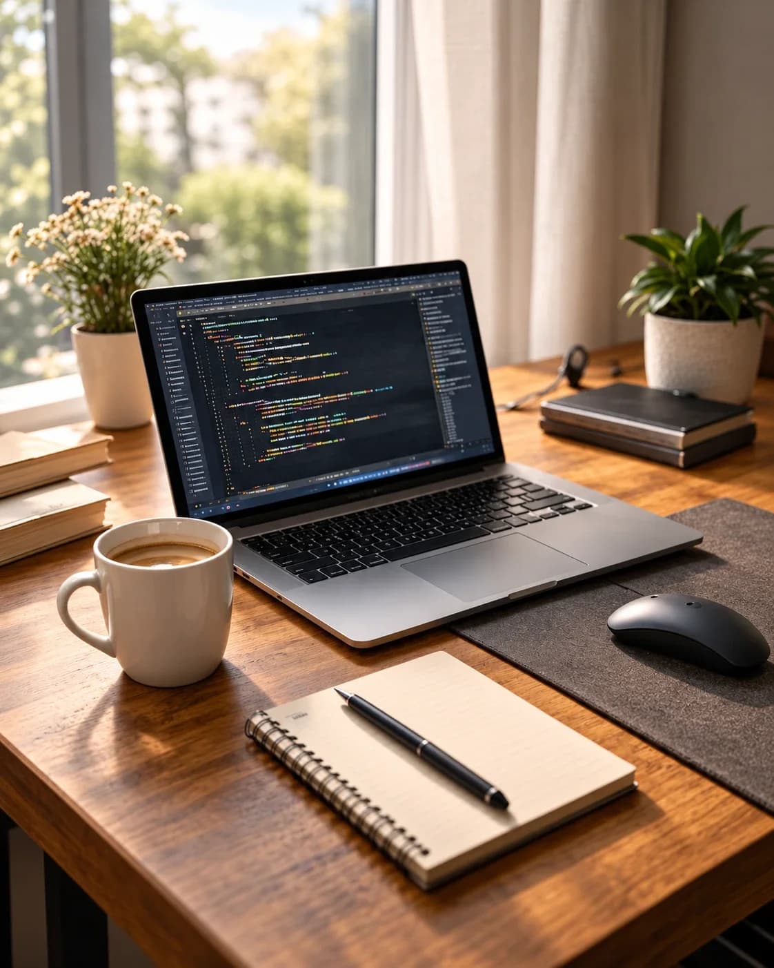 Code open on a laptop at a sunlit desk with a coffee and a notebook