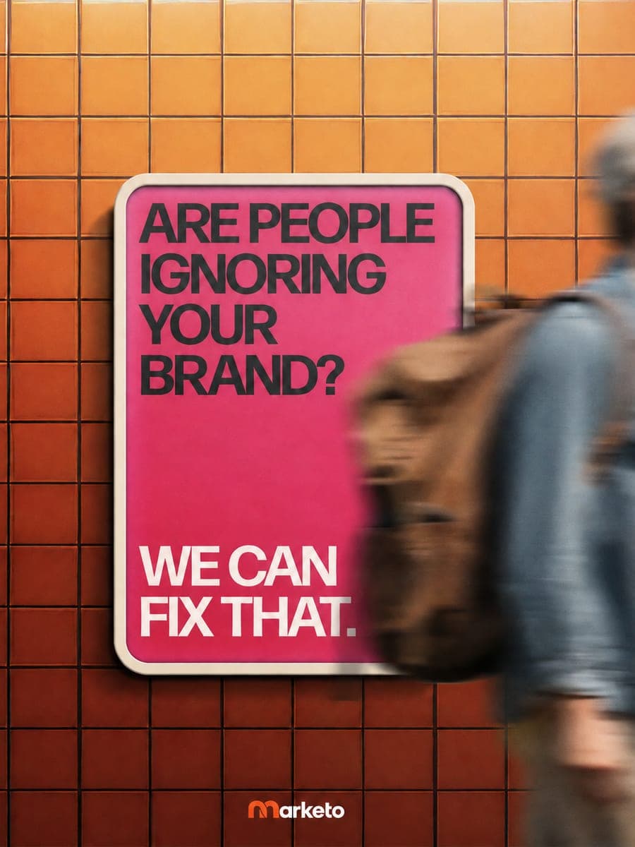 A pink Marketo poster asking: Are people ignoring your brand? We can fix that