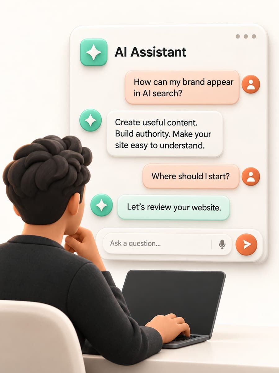 A person asking an AI assistant how their brand can appear in AI search
