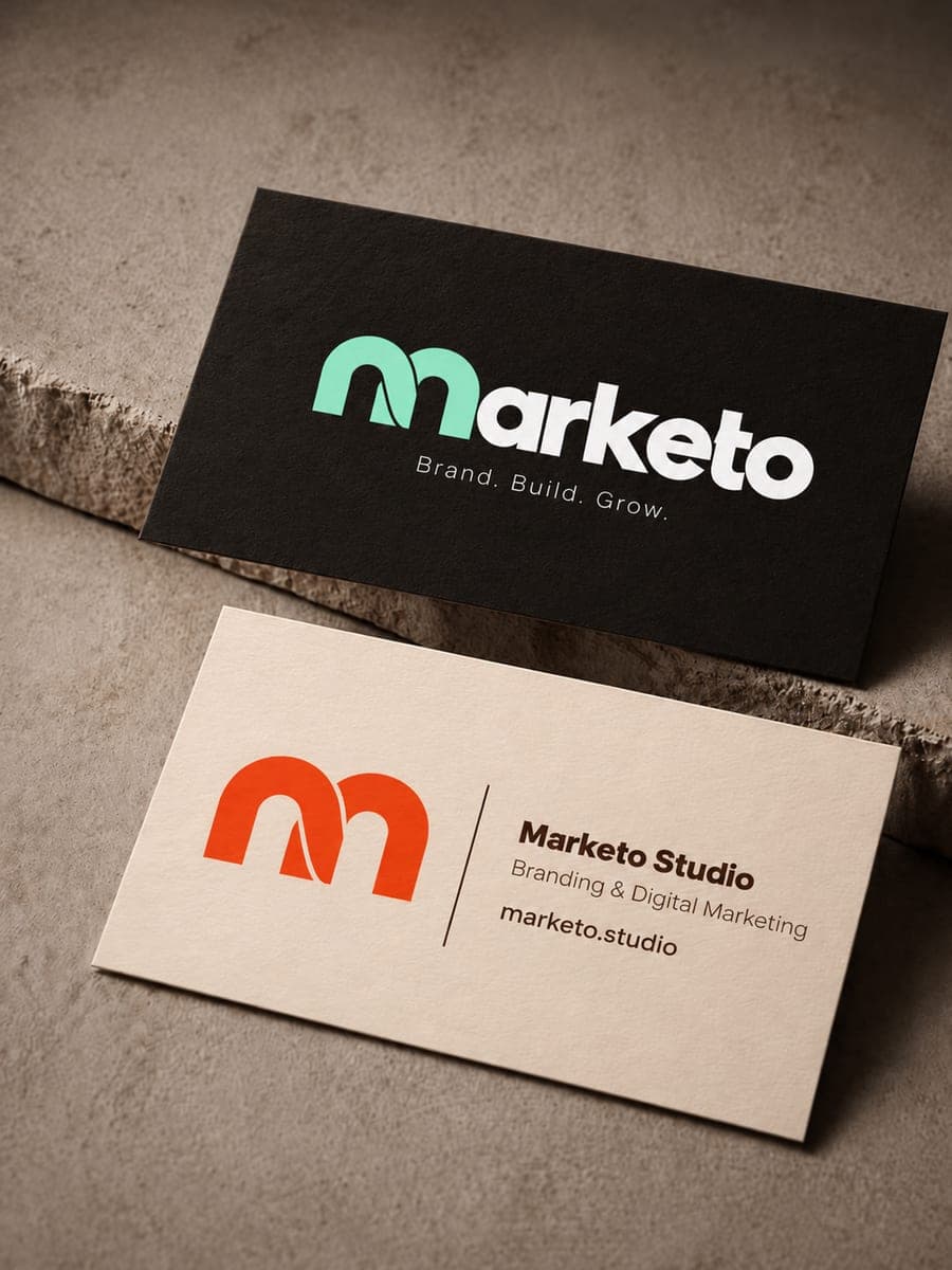 Marketo business cards in coral and mint on stone steps