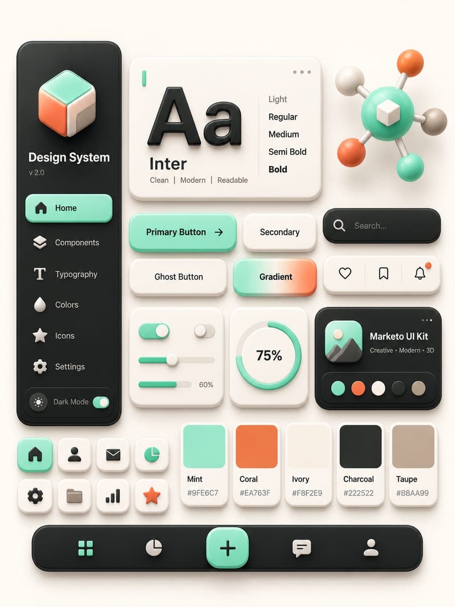 The Marketo UI kit: type, buttons, colors and components in mint and coral