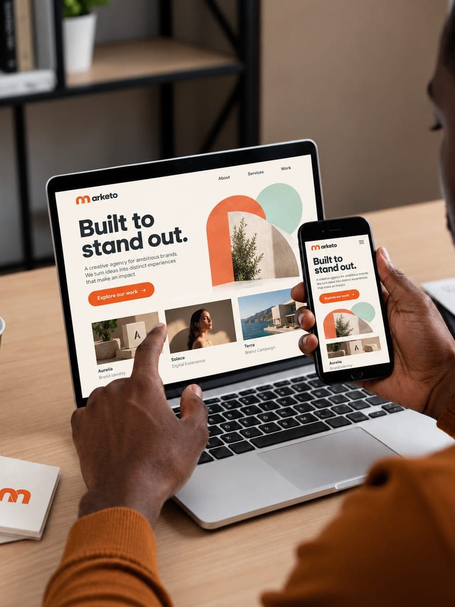 A responsive Marketo landing page on a laptop and a phone