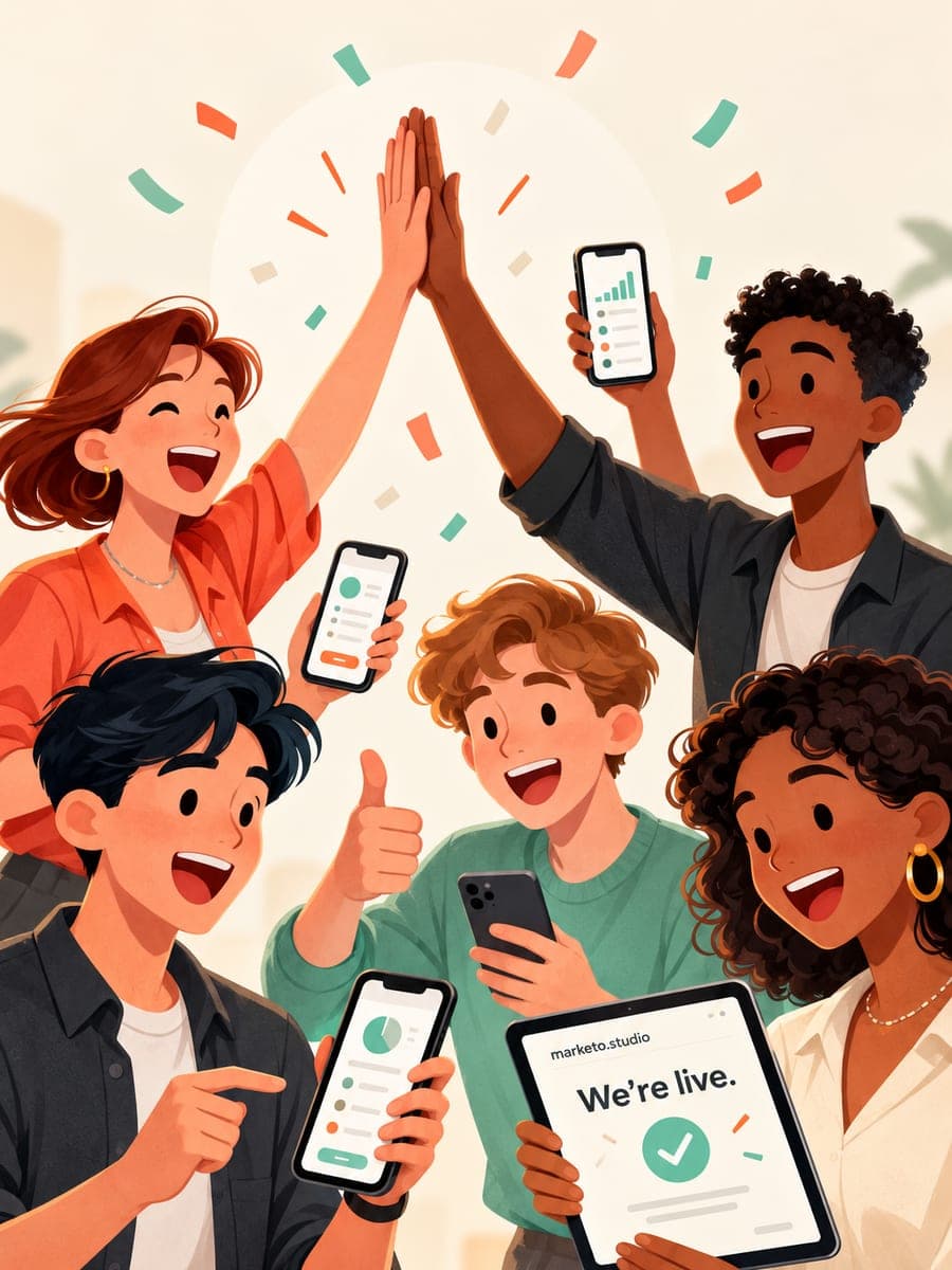 An illustrated team celebrating a launch with a high-five