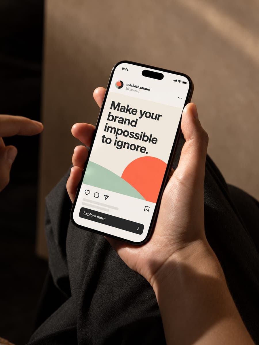 A phone showing a Marketo social ad: Make your brand impossible to ignore