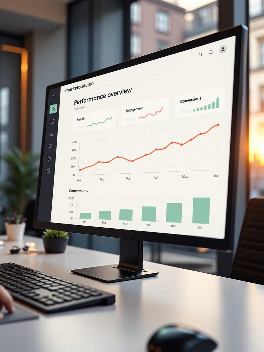 A performance dashboard with a rising conversion chart on a desk monitor