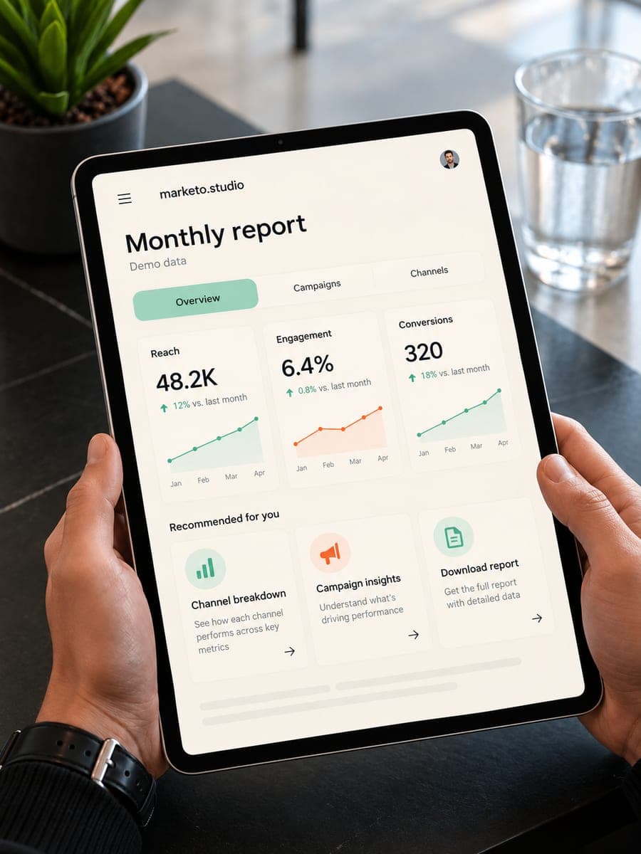 A monthly marketing report on a tablet held in two hands