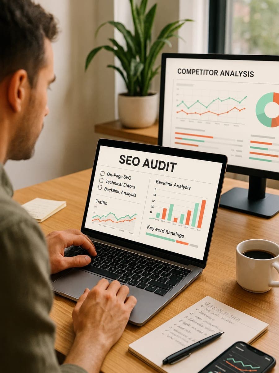 An SEO audit and competitor analysis on a laptop and monitor