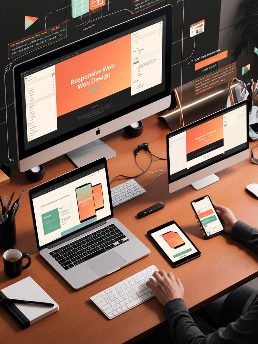 Mint and coral website designs across desktop, laptop, tablet and phone