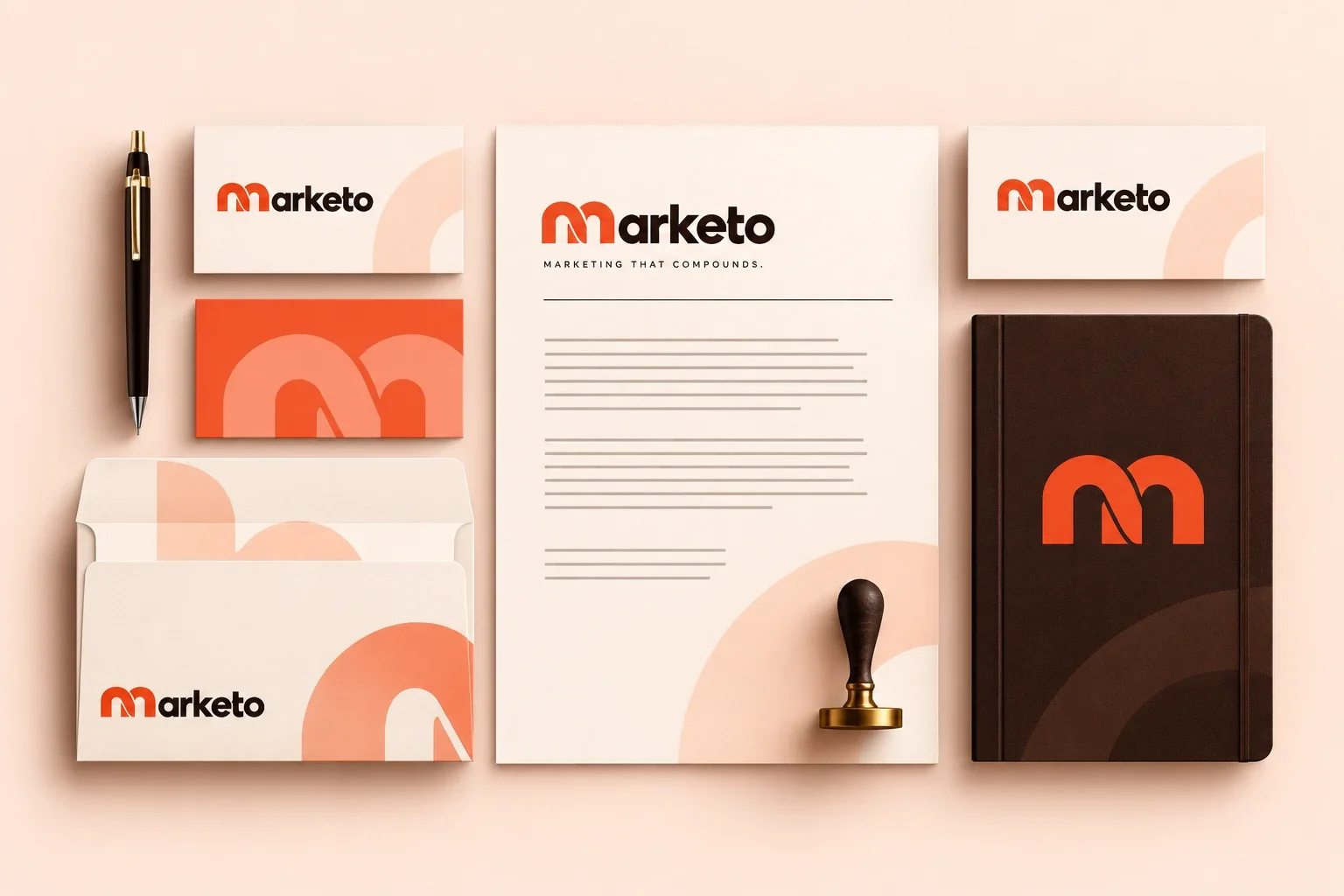 Marketo stationery set: business cards, letterhead, envelope and a notebook in coral, peach and brown