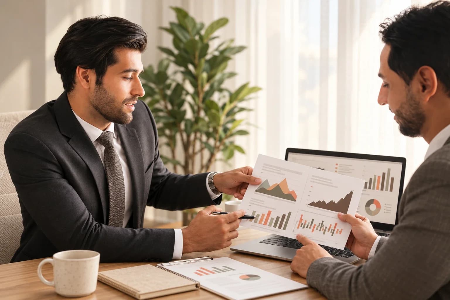 A strategist walking a client through printed growth charts at a desk