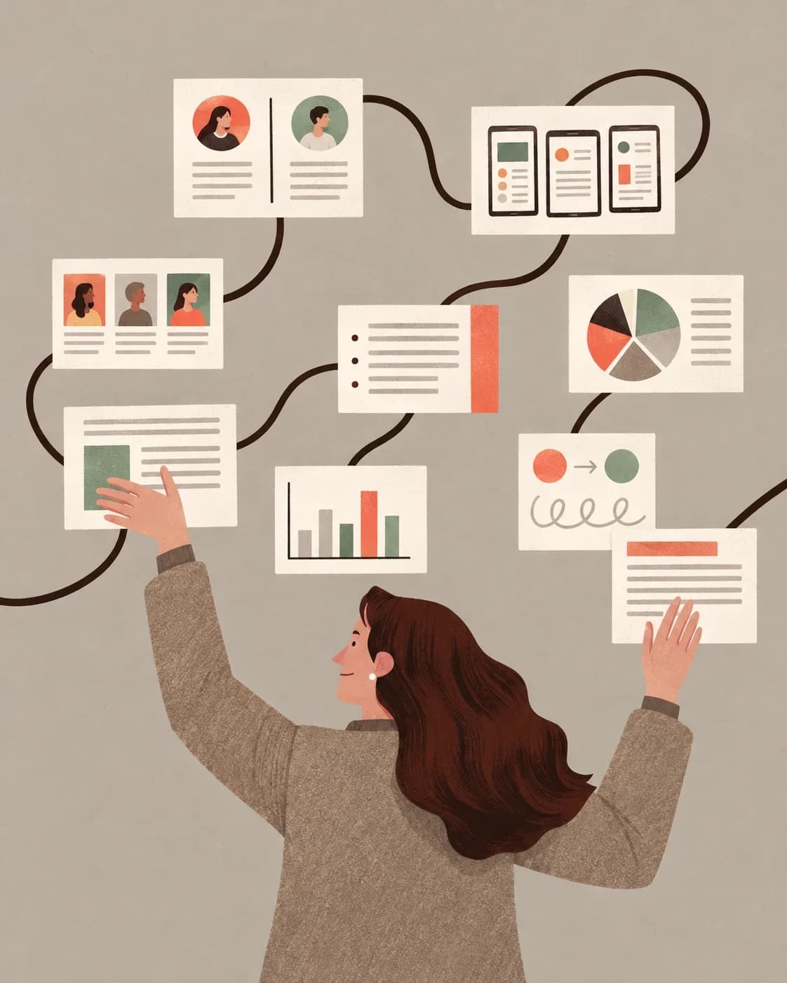 Illustration of a marketer connecting audience, channel and budget cards into one plan