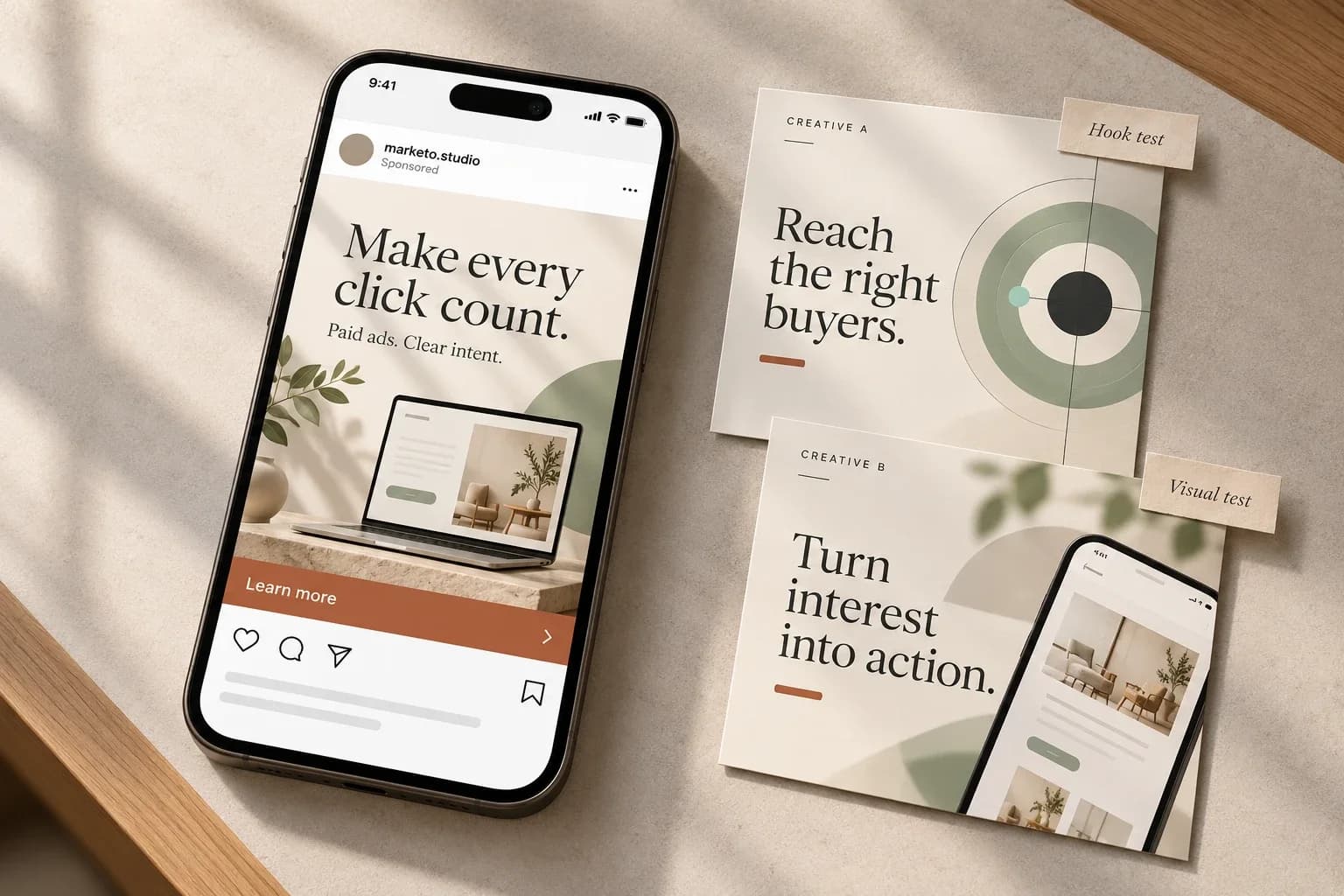 A sponsored Marketo ad on a phone beside two printed creative variations being tested