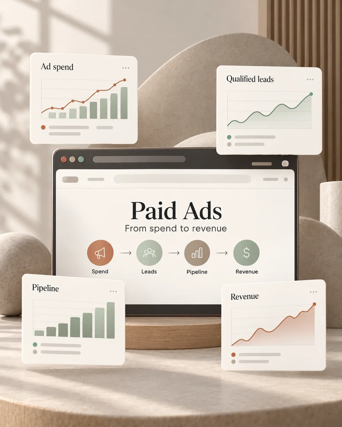 Ad spend, qualified leads, pipeline and revenue charts around a screen reading From spend to revenue