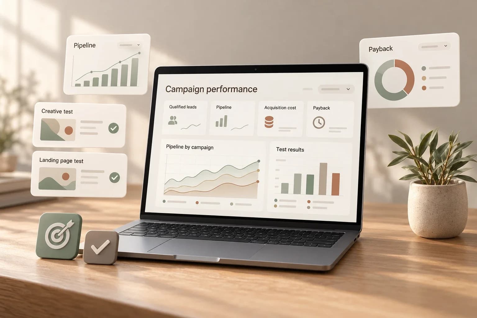 A campaign performance dashboard showing pipeline, acquisition cost, payback and test results