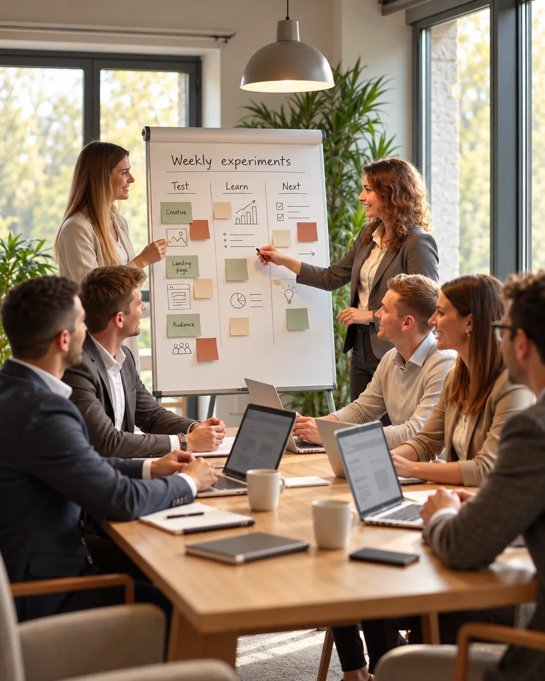 A growth team reviewing weekly experiments on a flip chart