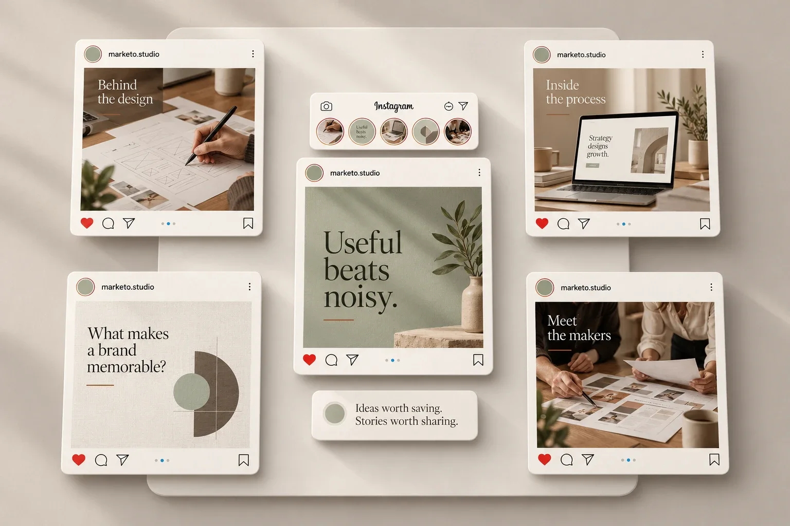 A set of marketo.studio Instagram posts: behind the design, inside the process and useful beats noisy