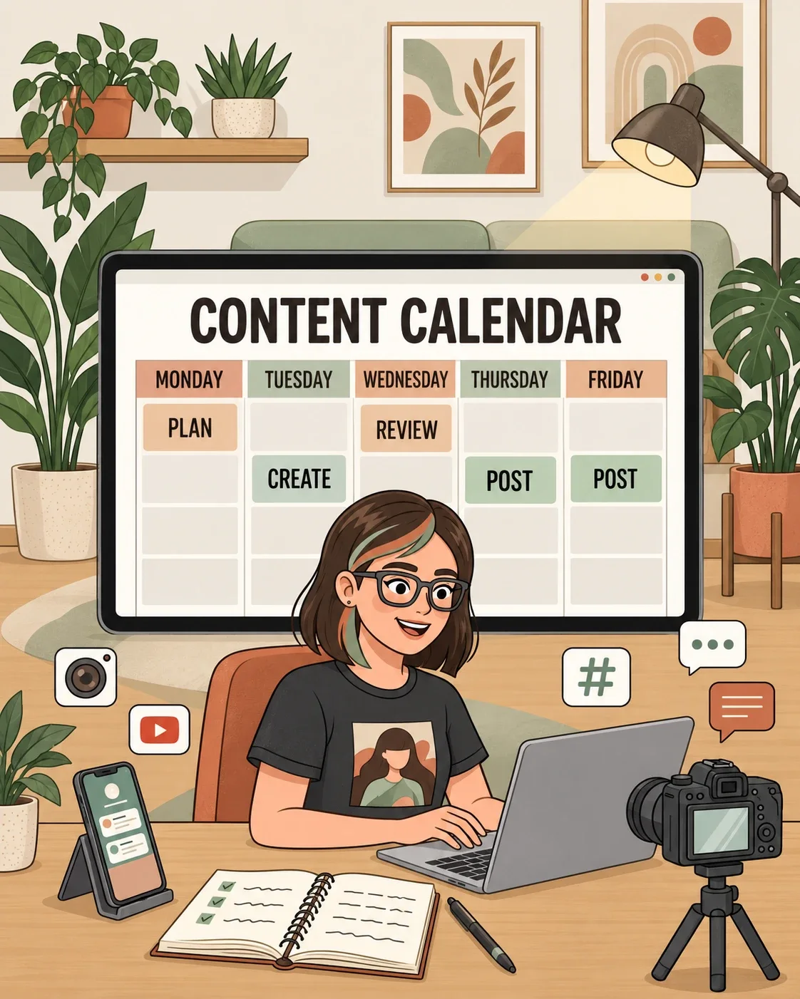 Illustration of a creator planning the week on a content calendar: plan, create, review and post