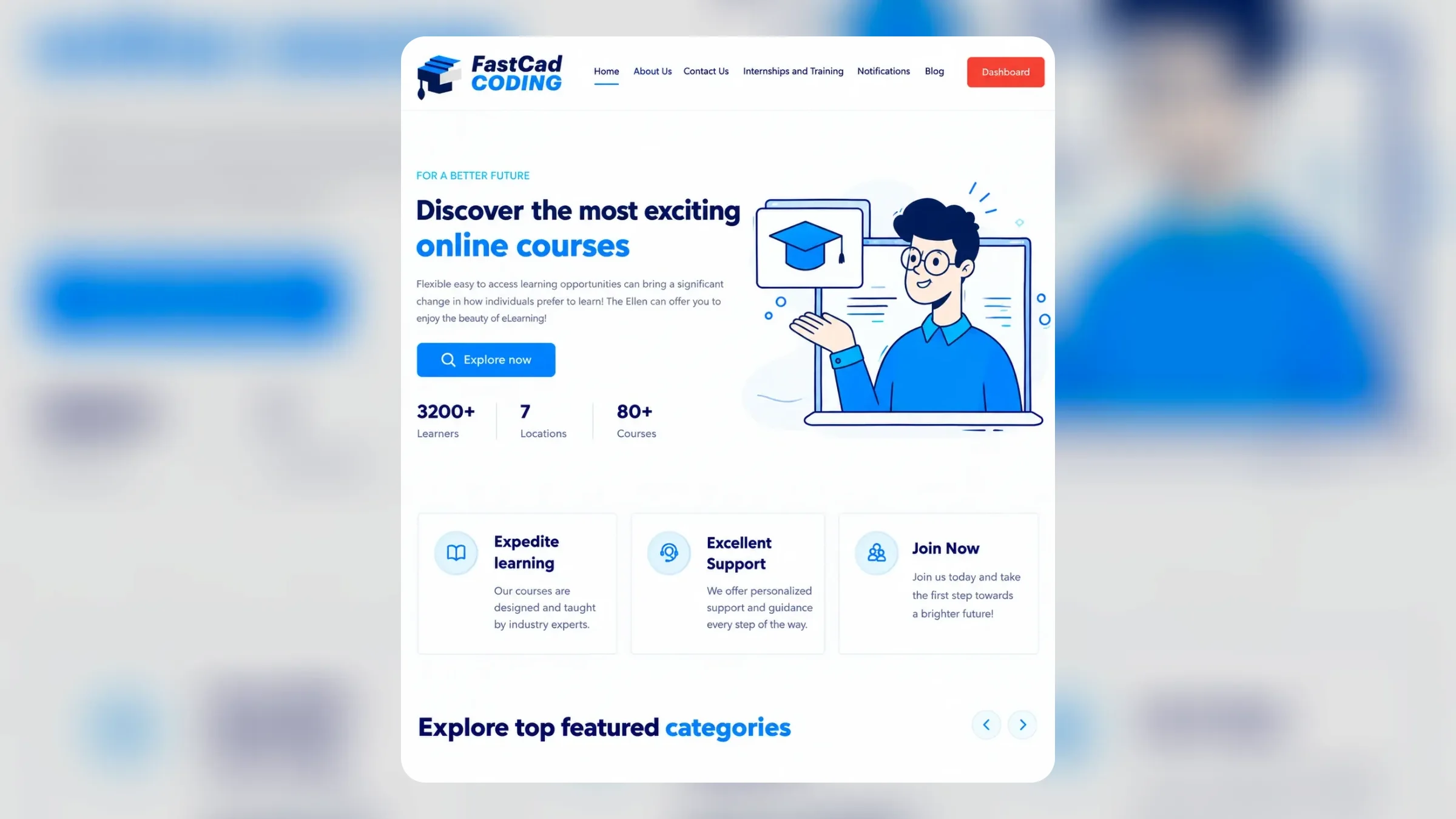 The FastCad Coding homepage: Discover the most exciting online courses, beside an illustration of a learner at a laptop