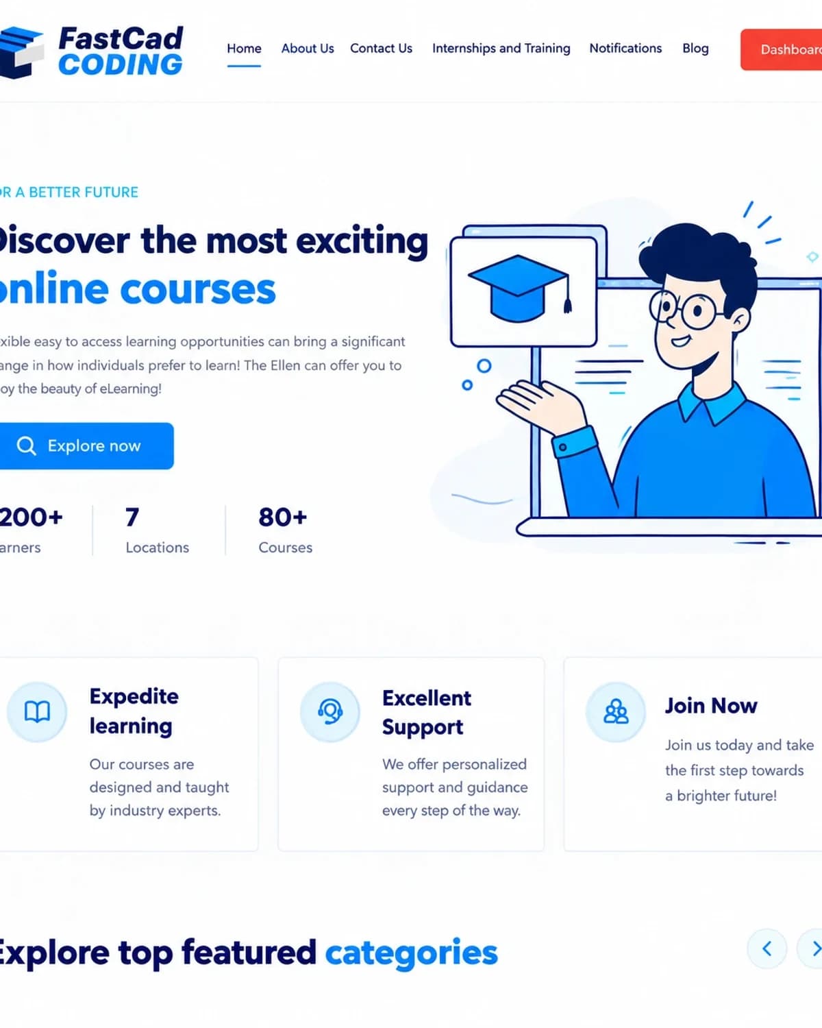 The FastCad Coding homepage: headline, Explore now button and stats for learners, locations and courses