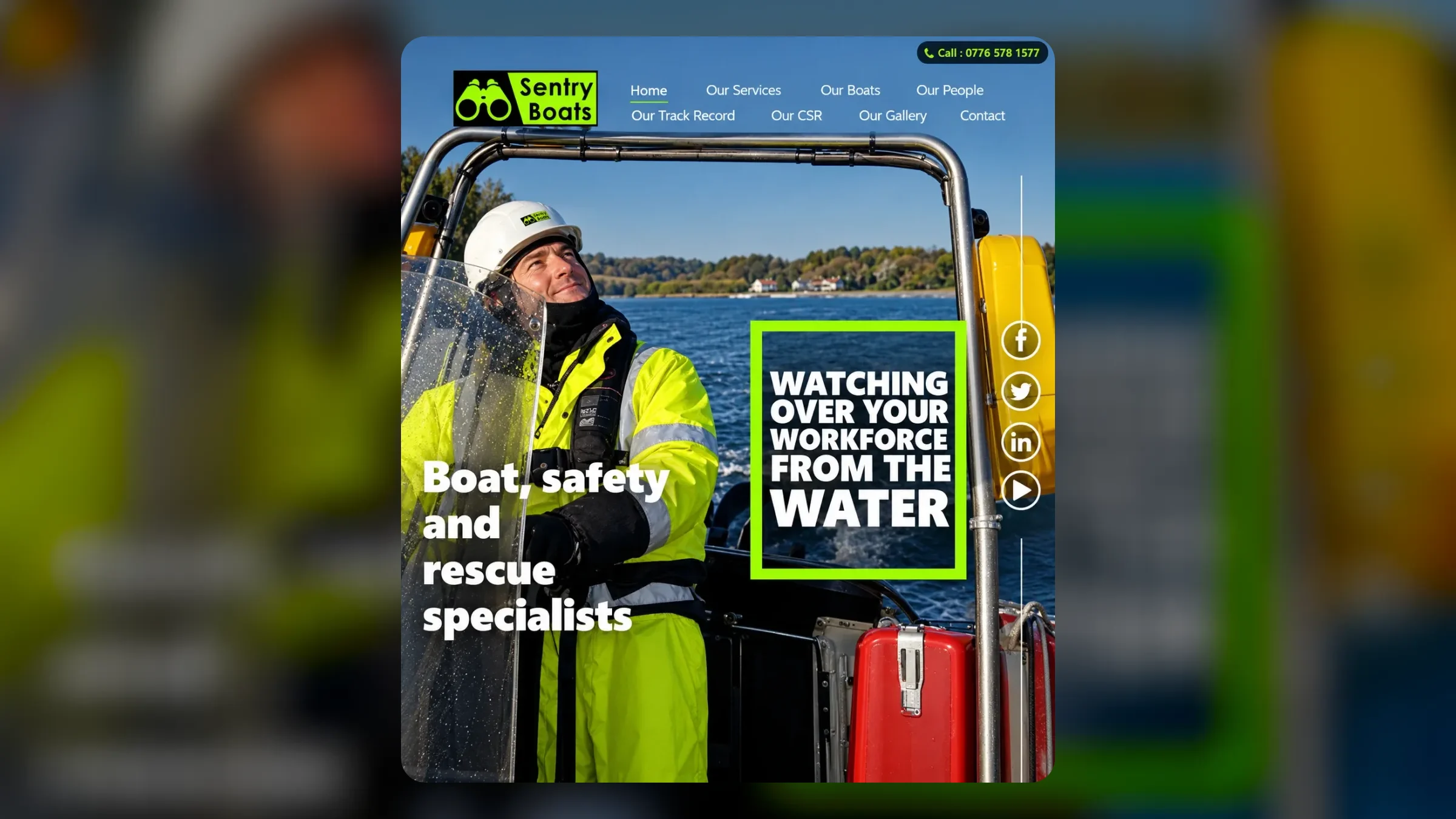 The Sentry Boats homepage: a crew member in hi-vis on a safety boat, with Watching over your workforce from the water in a green frame