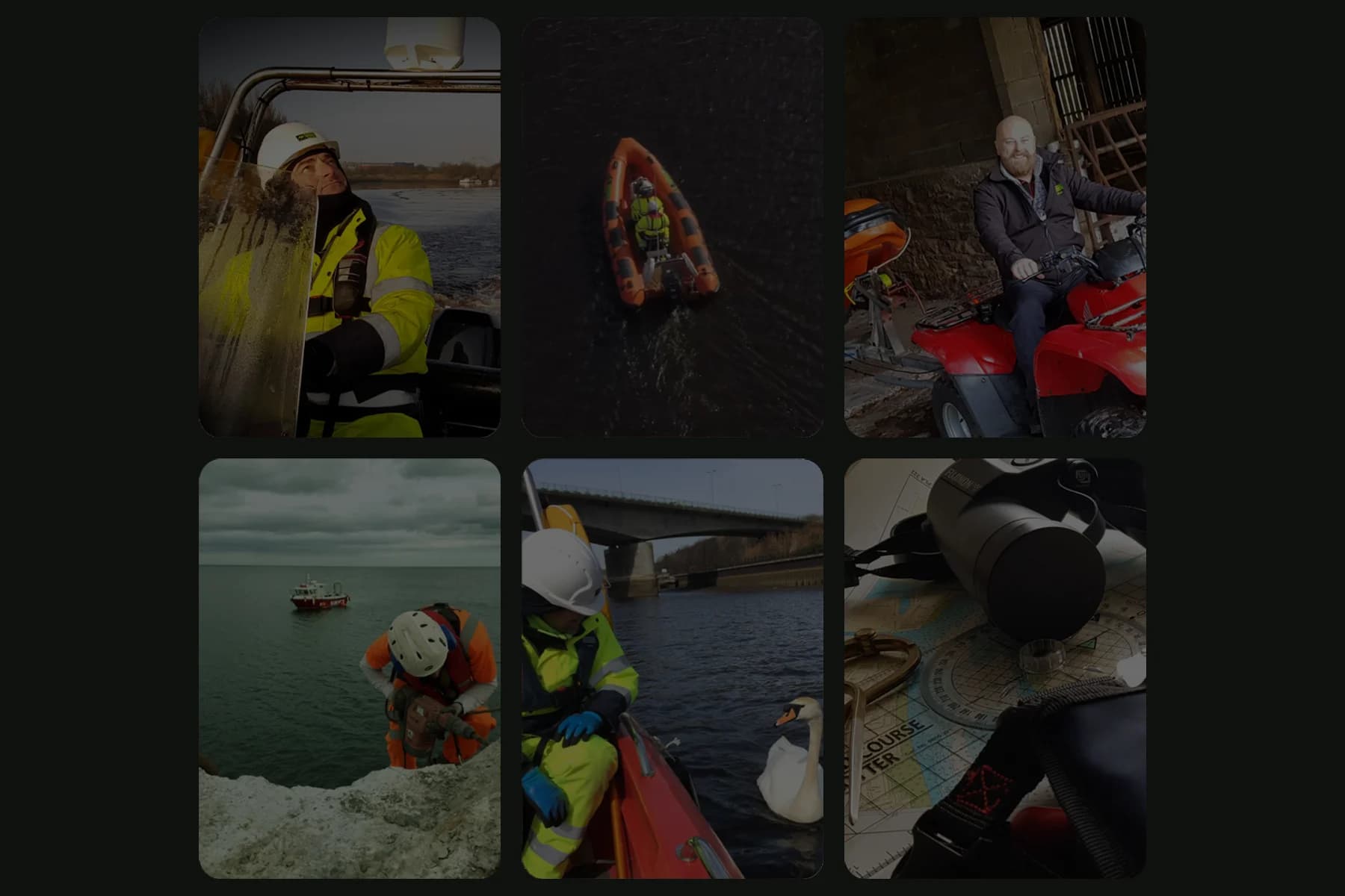 Six photo tiles from the site: crews on safety boats, a rescue boat from above, survey work and the team