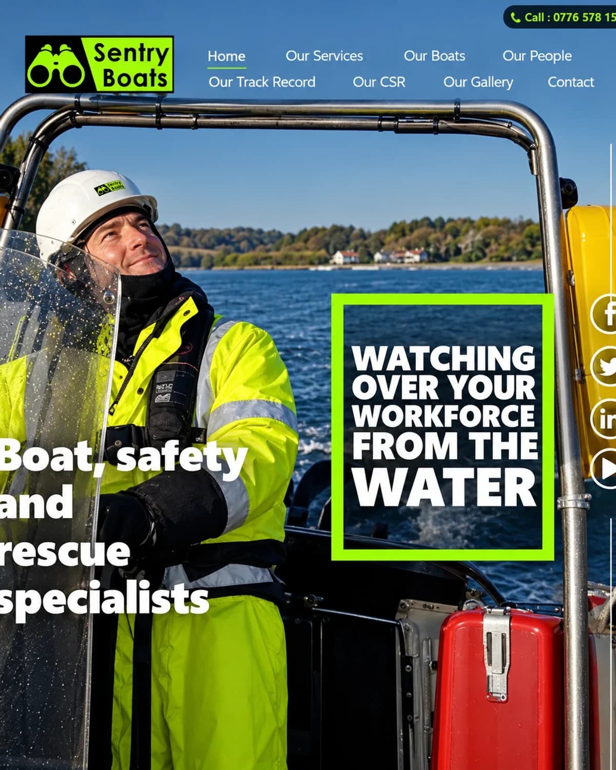 The Sentry Boats homepage hero: Boat, safety and rescue specialists, beside the green-framed line Watching over your workforce from the water