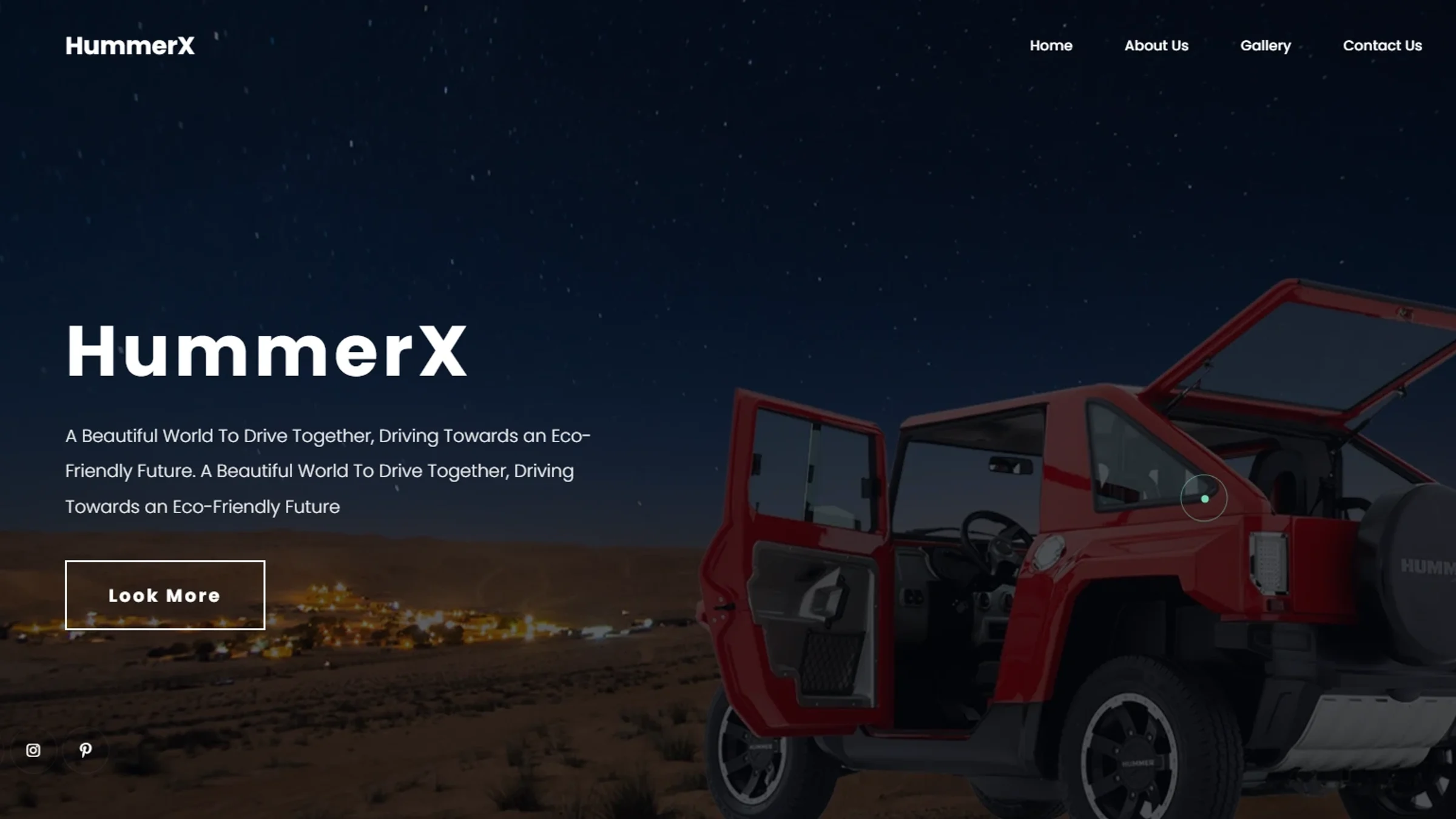 The HummerX homepage: a red HummerX with its doors open under a night sky, beside the headline HummerX and a Look More button