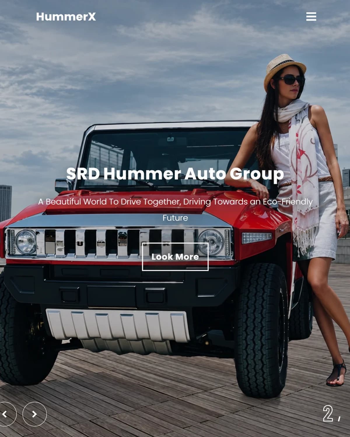 The HummerX homepage on a phone: a red HummerX on a boardwalk, with SRD Hummer Auto Group and a Look More button